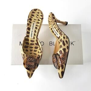 Manolo Blahnik Snake Print Snakeskin Buckle Pointed Toe Mule Pumps 36